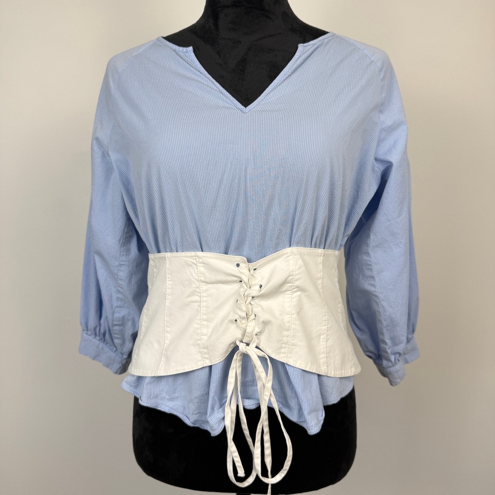 1.State Corset Waist Pinstripe Top Womens Size M Blue White Office‎ Siren